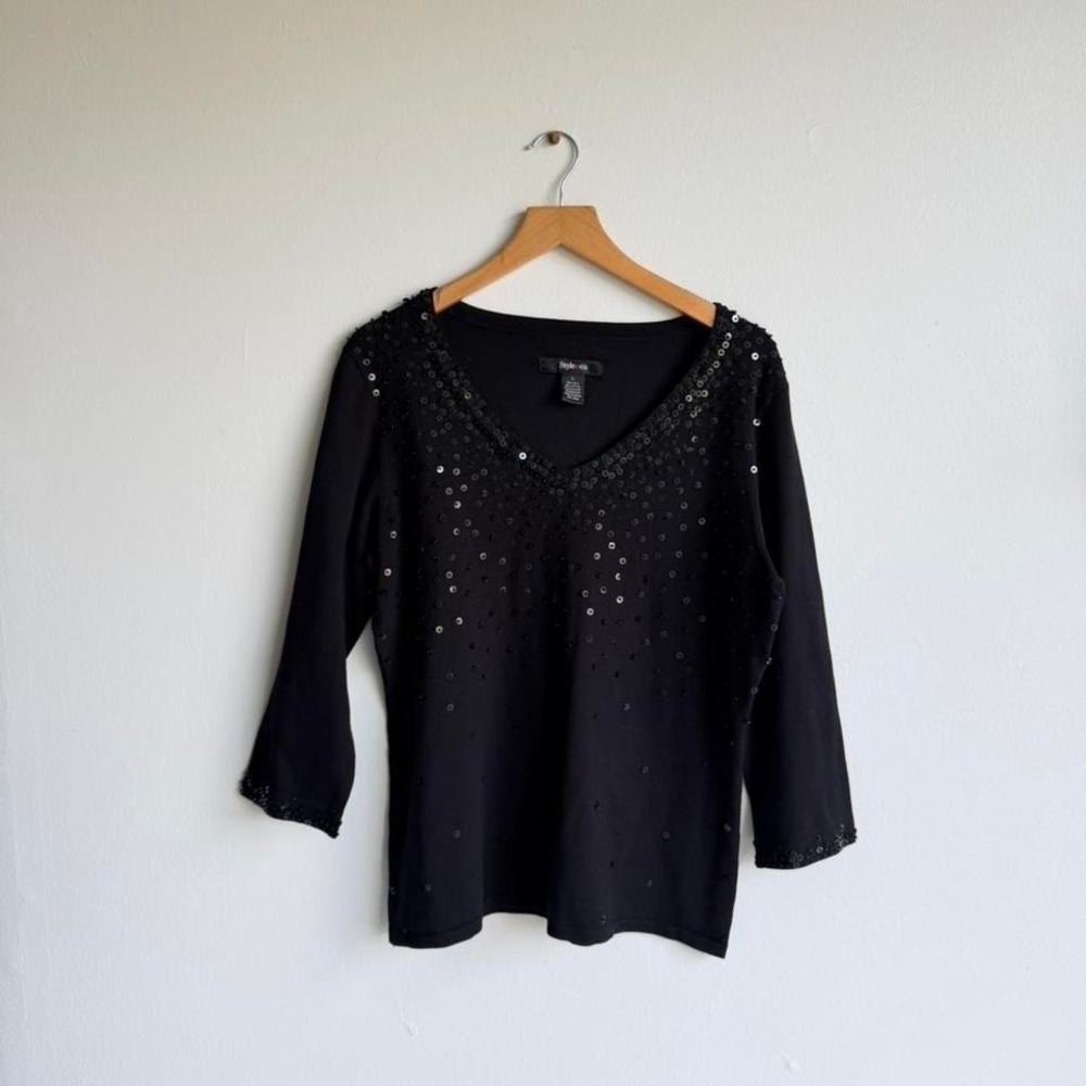 Black silk blend sequin top with bell sleeves and V-neckline